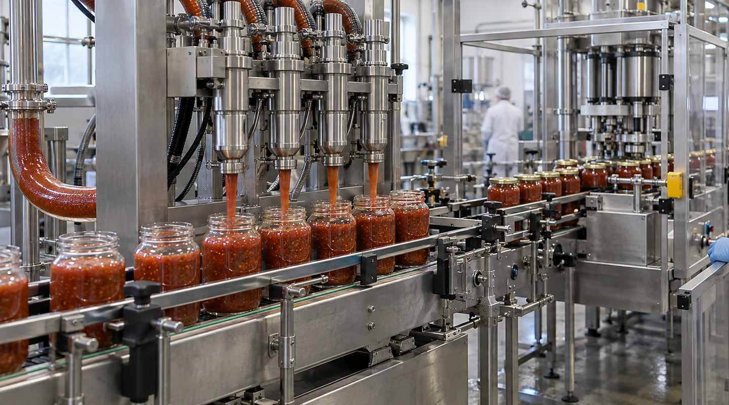 An operating line filling textured sauce into jars, with visible nozzles, conveyor, capping station and guarded operator access.