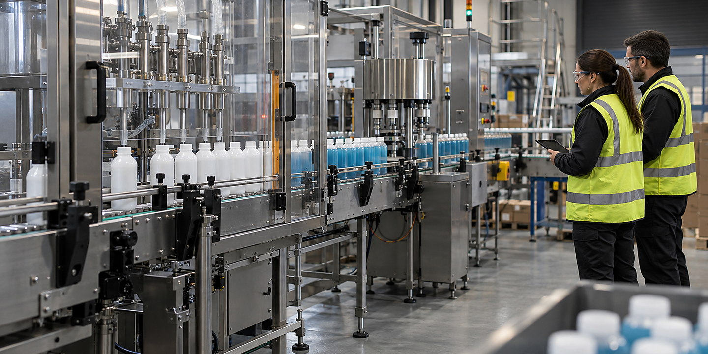 An operating line filling textured sauce into jars, with visible nozzles, conveyor, capping station and guarded operator access.
